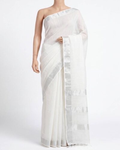 White Cotton Linen Saree