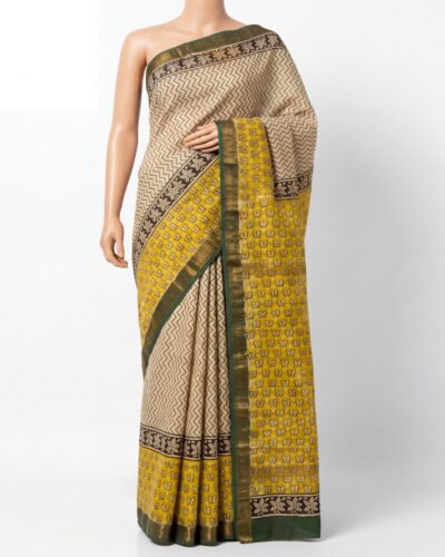 Yellow & Cream Maheshwari Cotton Silk Handblock Print Saree Yellow & Cream Maheshwari Cotton Silk Handblock Print Saree