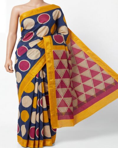 Red, White & Yellow Maheshwari Cotton Silk Handblock Print Saree Red, White & Yellow Maheshwari Cotton Silk Handblock Print Saree