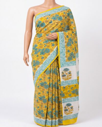 Yellow Mulmul Cotton Handblock Print Saree