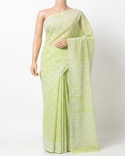 Pastel Lime Mulmul Cotton Handblock Print Saree