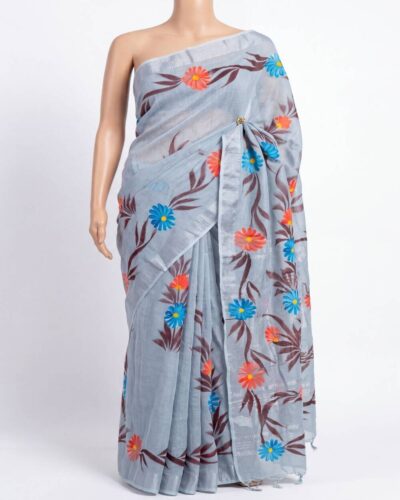 Powder Blue Cotton Linen Hand Brush Painted Saree Powder Blue Cotton Linen Hand Brush Painted Saree