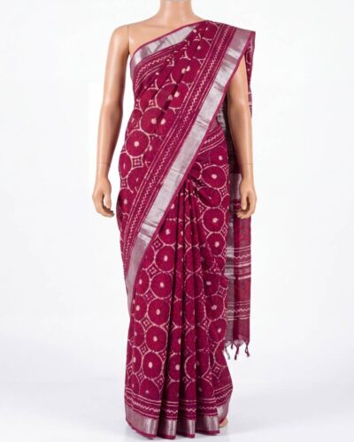 Deep Maroon Cotton Linen Hand Block Printed Saree Deep Maroon Cotton Linen Hand Block Printed Saree