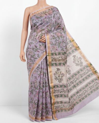 Levender Maheshwari Cotton Silk Handblock Print Saree