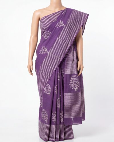 Purple Mulmul Cotton Handblock Print Saree