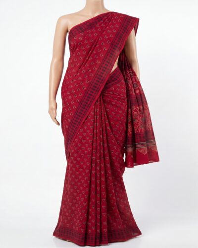 Red Mulmul Cotton Handblock Print Saree Red Mulmul Cotton Handblock Print Saree