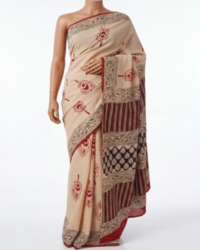 Beige Mulmul Cotton Handblock Print Saree Beige Mulmul Cotton Handblock Print Saree