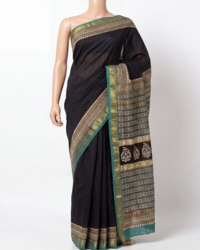 Charcoal Black Maheshwari Cotton Silk Handblock Print Saree