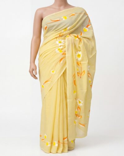 Yellow Mulmul Cotton Hand Brush Painted Saree