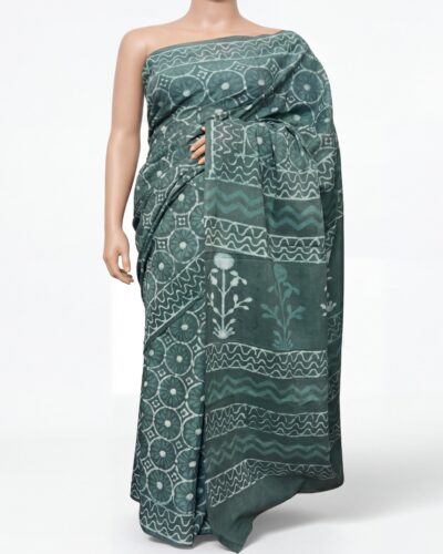 Green Mulmul Cotton Handblock Print Saree
