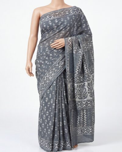 Slate Grey Mulmul Cotton Handblock Print Saree Slate Grey Mulmul Cotton Handblock Print Saree