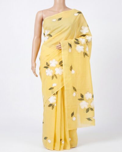 Lemon Yellow Mulmul Cotton Hand Brush Painted Saree