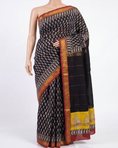 Black & White Maheshwari Cotton Silk Handblock Print Saree