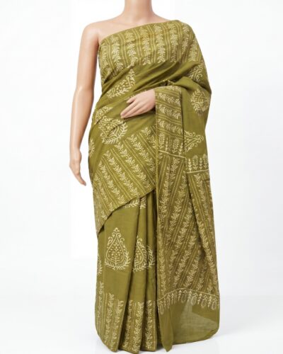 Olive Green Mulmul Cotton Handblock Print Saree