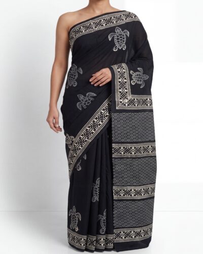 Black Mulmul Cotton Handblock Print Saree Black Mulmul Cotton Handblock Print Saree