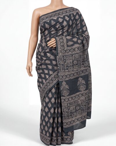 Charcoal Black Mulmul Cotton Handblock Print Saree