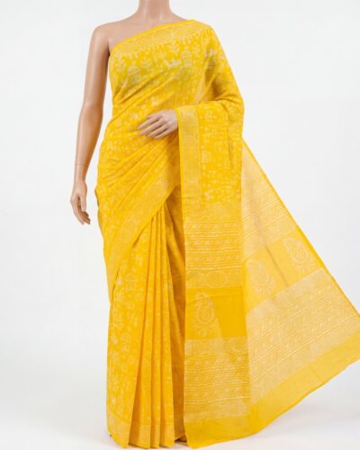 Yellow Mulmul Cotton Handblock Print Saree Yellow Mulmul Cotton Handblock Print Saree