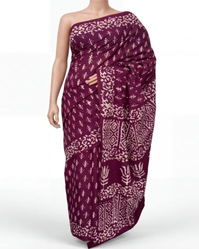 Wine Red Mulmul Cotton Handblock Print Saree Wine Red Mulmul Cotton Handblock Print Saree