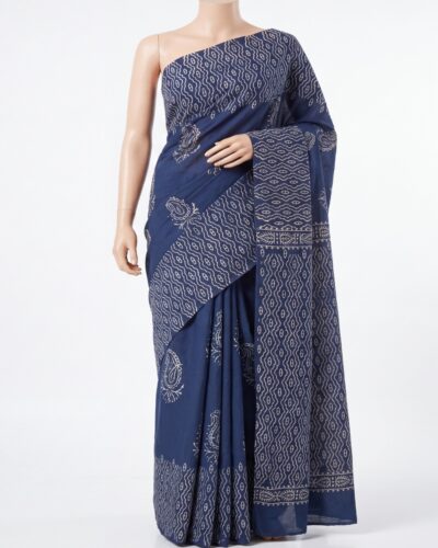 Indigo Blue Mulmul Cotton Handblock Print Saree