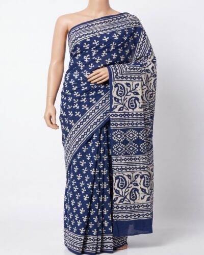 Indigo Blue Mulmul Cotton Handblock Print Saree