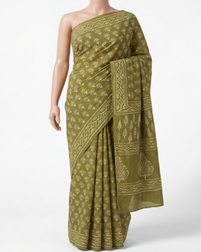 Olive Green Mulmul Cotton Handblock Print Saree