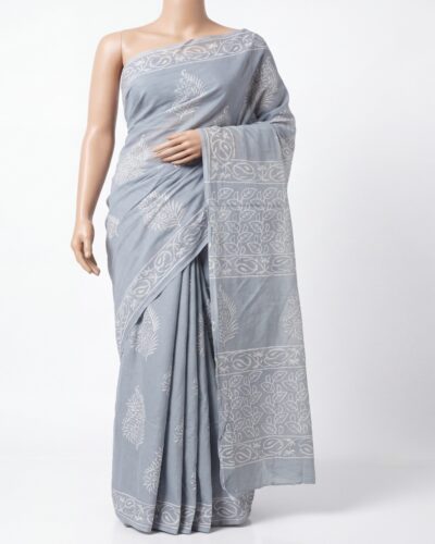 Pastel Grey Mulmul Cotton Handblock Print Saree
