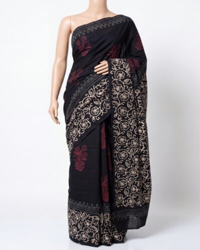 Black Mulmul Cotton Handblock Print Saree Black Mulmul Cotton Handblock Print Saree