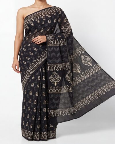 Black Mulmul Cotton Handblock Print Saree Black Mulmul Cotton Handblock Print Saree