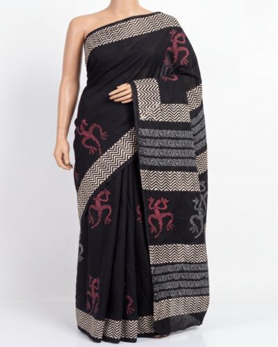 Black Mulmul Cotton Handblock Print Saree Black Mulmul Cotton Handblock Print Saree