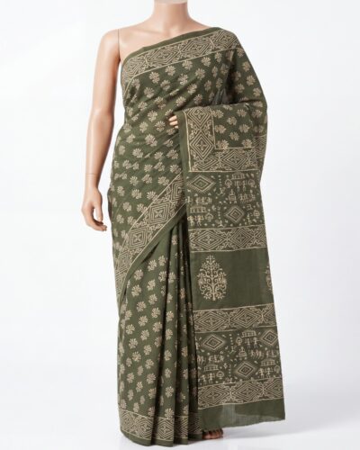 Bottle Green Mulmul Cotton Handblock Print Saree Bottle Green Mulmul Cotton Handblock Print Saree