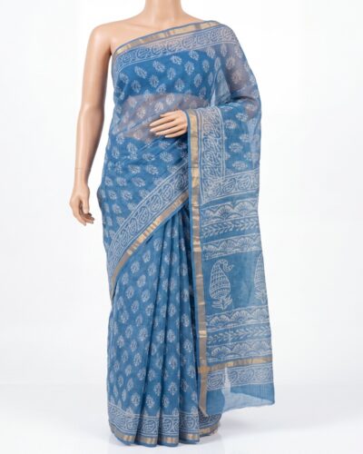 Sky Blue Kota Cotton Handblock Print Saree