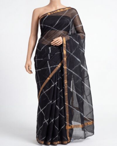 Charcoal Grey & Black Kota Cotton Handblock Print Saree