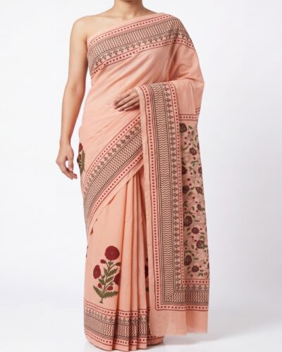 Peach Mulmul Cotton Handblock Print Saree Peach Mulmul Cotton Handblock Print Saree
