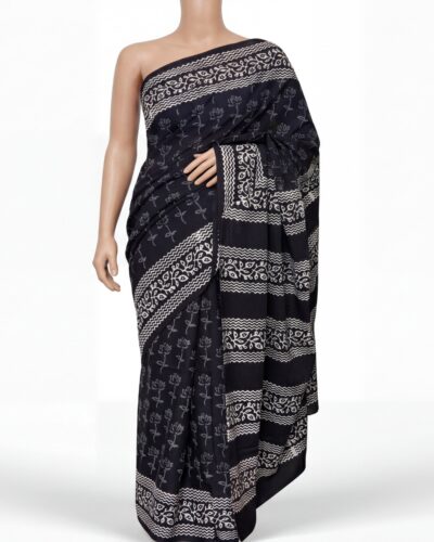 Black & White Mulmul Cotton Handblock Print Saree Black & White Mulmul Cotton Handblock Print Saree