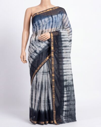 White & Charcoal Black Kota Cotton Handblock Print Saree