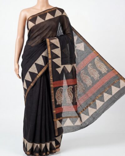 Off-White & Charcoal Black Kota Cotton Handblock Print Saree