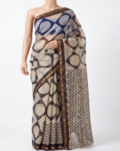 Off-White & Black Kota Cotton Handblock Print Saree