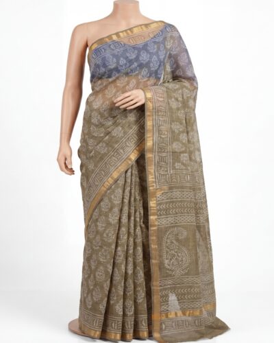 Olive Green Kota Cotton Handblock Print Saree