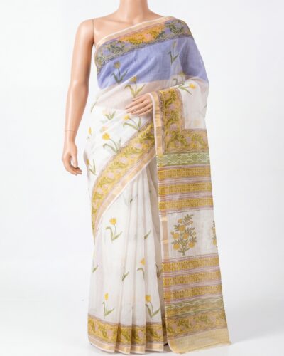 White & Lemon Yellow Kota Cotton Handblock Print Saree