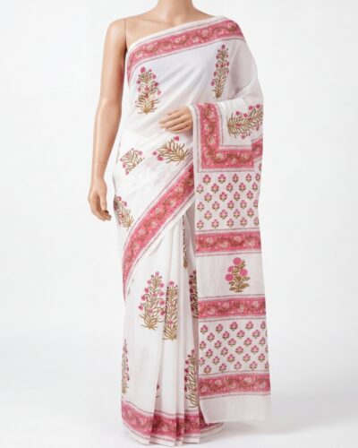 White & Rose Pink Mulmul Cotton Handblock Print Saree White & Rose Pink Mulmul Cotton Handblock Print Saree