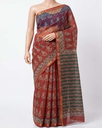 Cream & Rust Orange Kota Cotton Handblock Print Saree