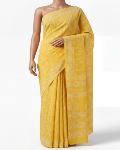 Mustard Yellow Mulmul Cotton Handblock Print Saree