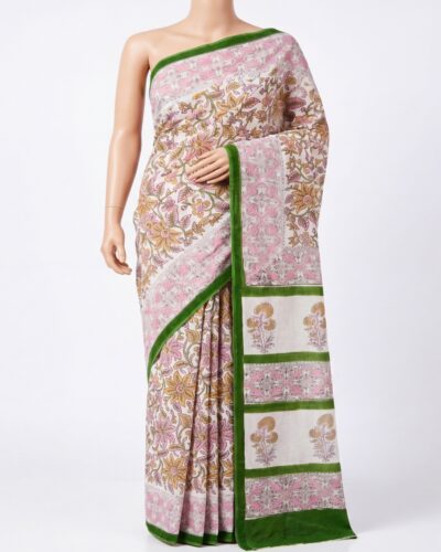 Off-White & Sage Green Mulmul Cotton Handblock Print Saree