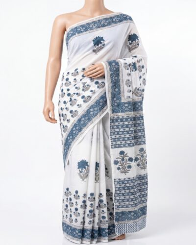 White & Cerulean Blue Mulmul Cotton Handblock Print Saree
