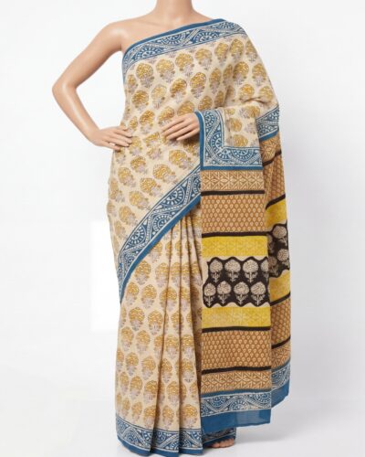 White Mulmul Cotton Handblock Print Saree