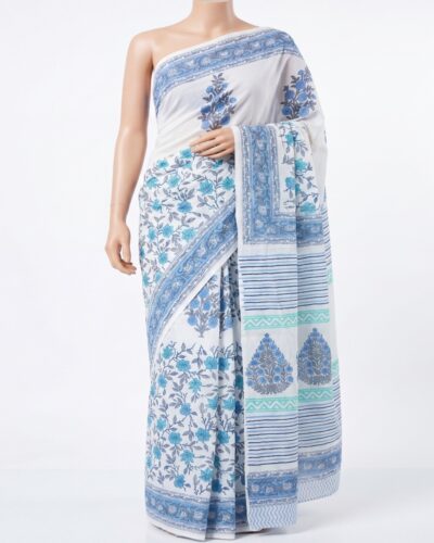 White Mulmul Cotton Handblock Print Saree White Mulmul Cotton Handblock Print Saree