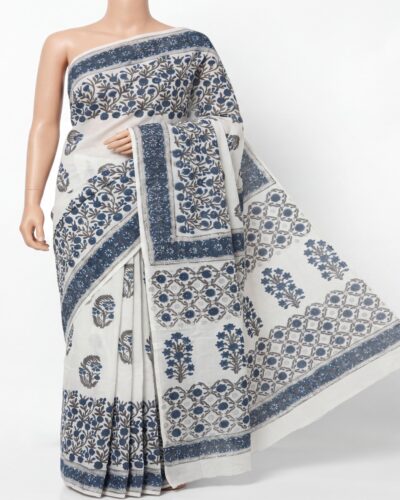 White Mulmul Cotton Handblock Print Saree White Mulmul Cotton Handblock Print Saree