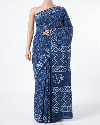 Indigo Blue Mulmul Cotton Handblock Print Saree