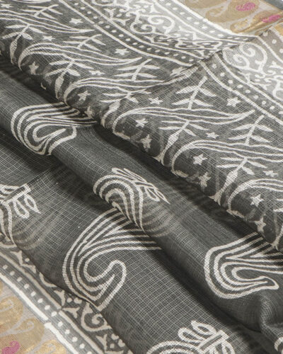 Charcoal Grey Kota Silk Handblock Print Saree Charcoal Grey Kota Silk Handblock Print Saree