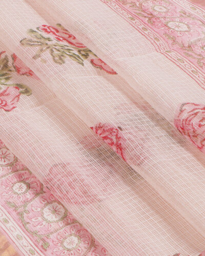 Baby Pink & White Kota Cotton Handblock Print Saree Baby Pink & White Kota Cotton Handblock Print Saree